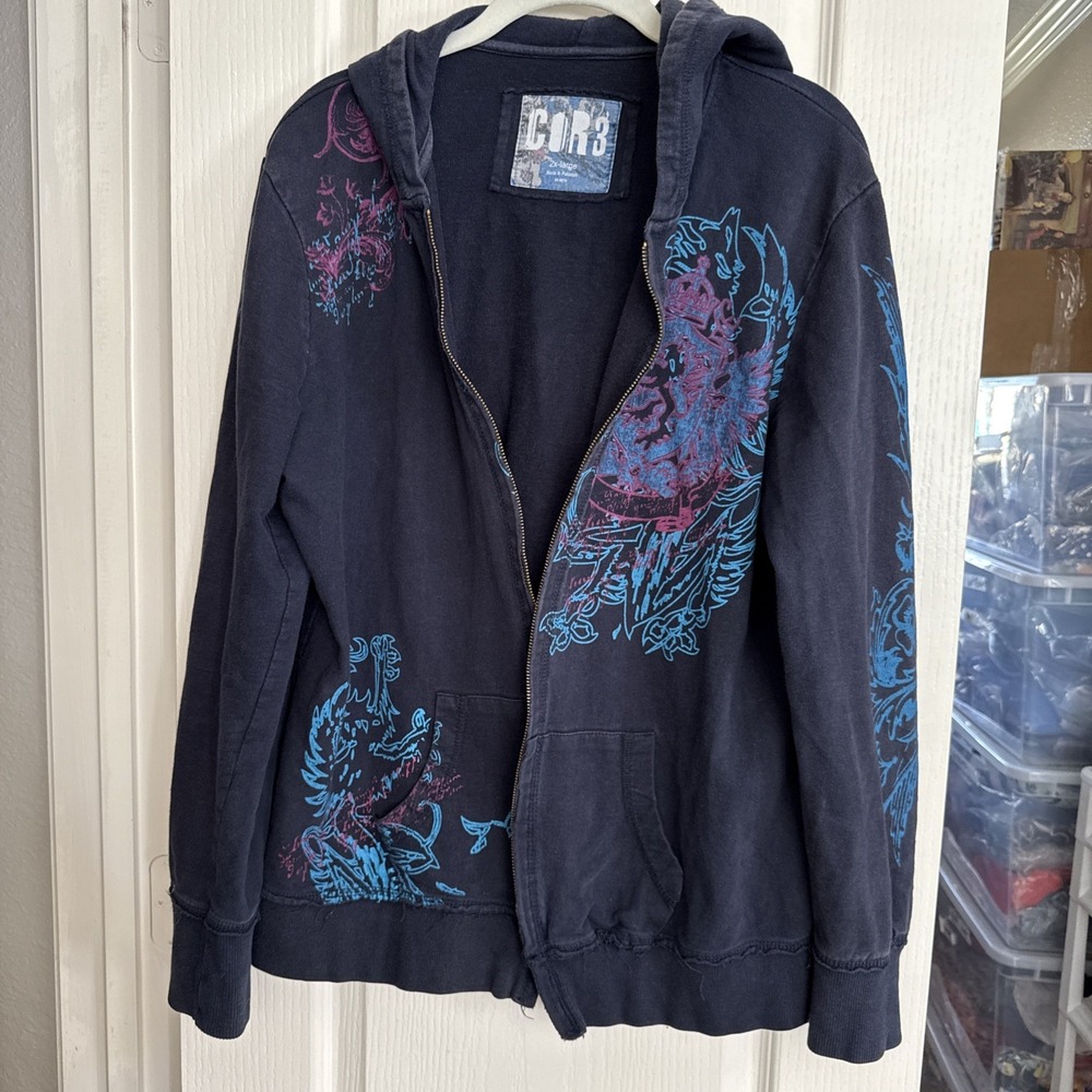 COR3 Shirt Women's 2xl Long Sleeve Hooded  Zipper Pull‎  Is Missing Y2K 4747